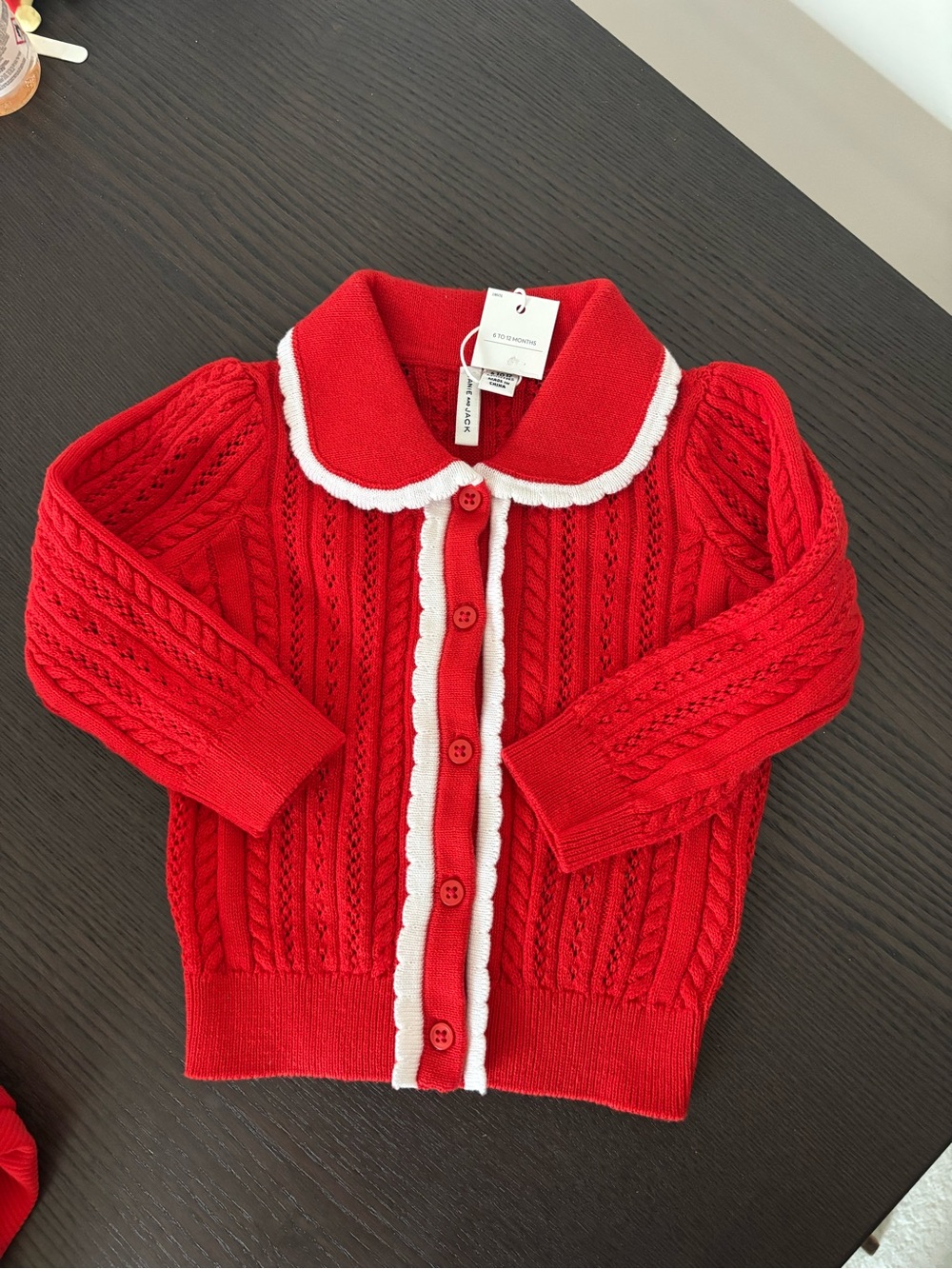Janie and Jack Red Knit Cardigan with White Trim